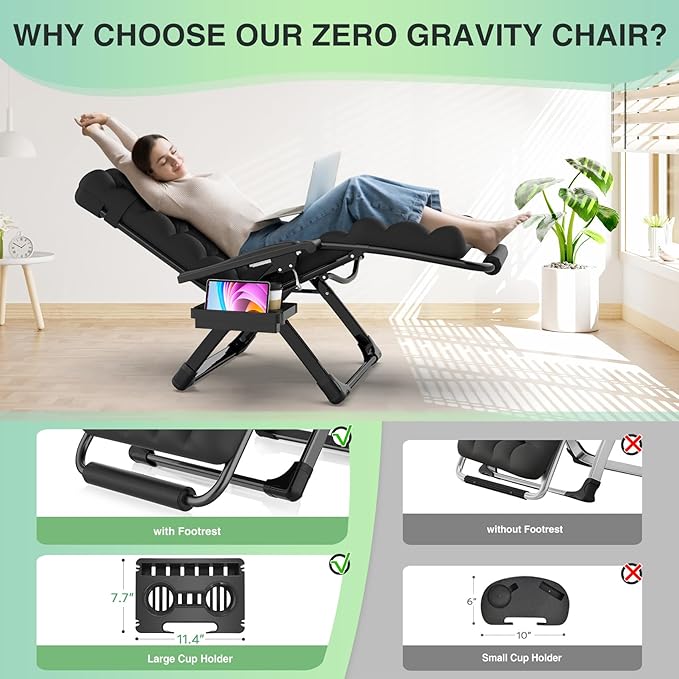 Suteck Oversized Zero Gravity Chair,33In XXL Lounge Chair w/Removable Cushion&Headrest, Reclining Camping Chair w/Upgraded Lock and Footrest, Reclining Patio Chairs Recliner for Indoor Outdoor,500LBS