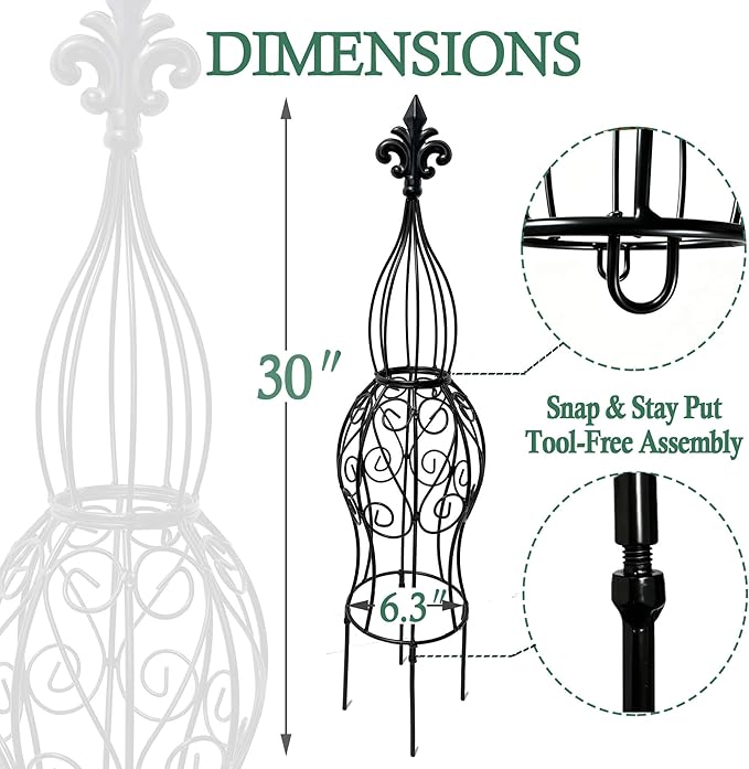2-Pack Iron Garden Obelisk Trellis, 30" Rose Climbing Plant Support | Tool-free snap assembly; fits 9–12in pots, for roses clematis ivy vines, 2-pack patio balcony outdoor metal trellis