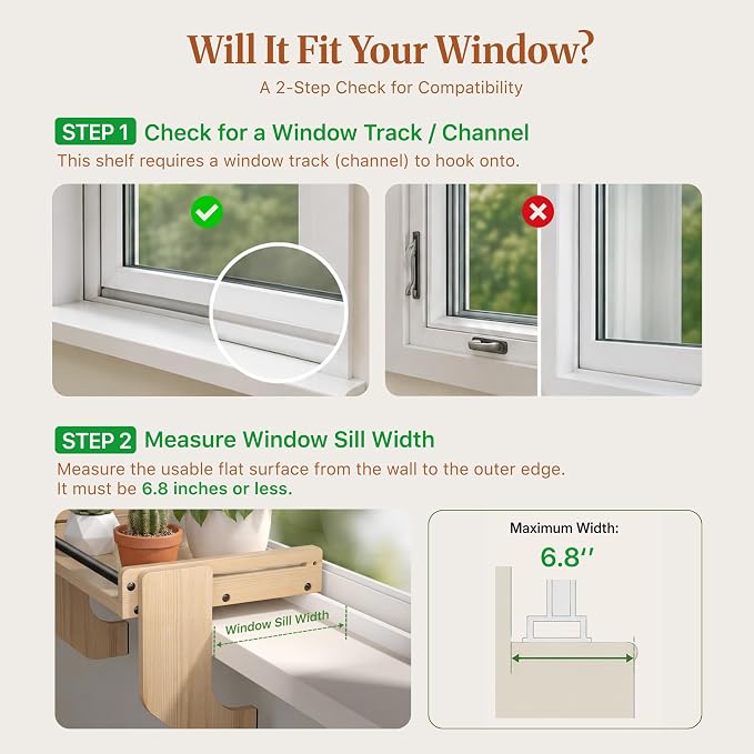 THYGIFTREE Window Sill Plant Shelf Extender, No Drill Adjustable Windowsill Shelf for Plants, Renter Friendly Window Shelf for Indoor Plants, Solid One-Piece Board, Holds Up to 30 lbs