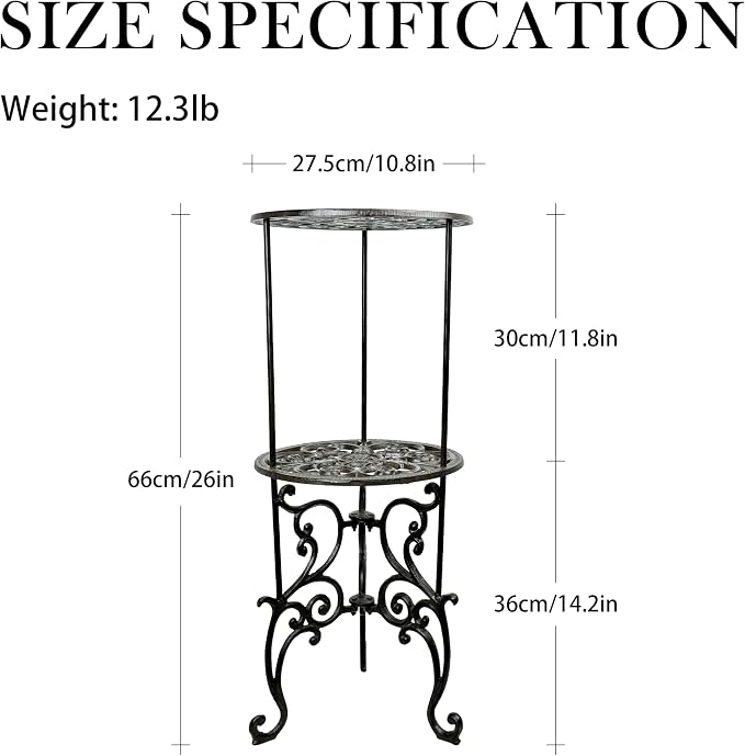 Heavy-Duty Cast Iron Plant Stand 26-Inch Double-Layer Metal Plant Rack, Heavy-Duty Corner Plant Stand for Indoor and Outdoor Decoration Vintage Garden Pots Container Supports