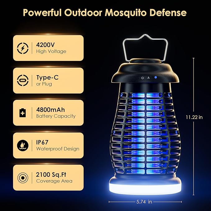 Bug Zapper Outdoor & Indoor,Cordless Portable Mosquito Zapper with Automatic Mode,4200V High Powered Mosquito Repellent,Electric Fly Zapper for Camping,Outside,Patio,Backyard,Garden
