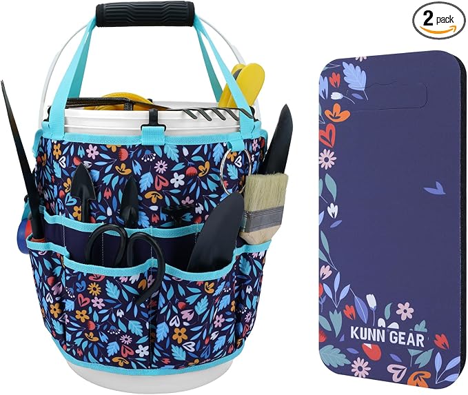 KUNN 5 Gallon Garden Bucket Tool Organizer & Kneeling Pad Set, 18-Pocket Heavy Duty Garden Caddy with Hangable Handle, Polyester Tool Bag with Grip Handle & Gardening Kneeling Pad for Women, Navy