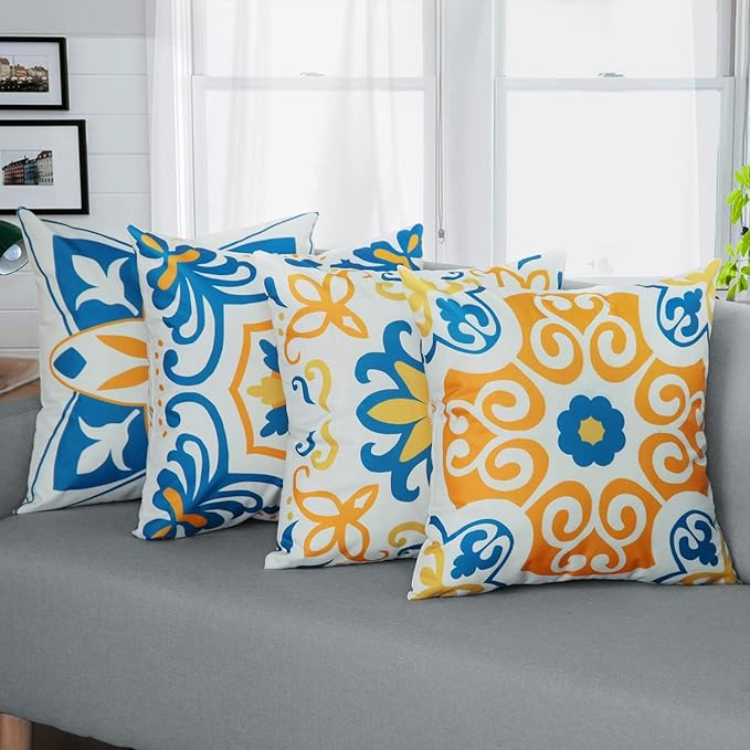 Pyonic Outdoor Pillow Covers 16x16 Spring Summer Garden Waterproof Throw Pillow Covers Cushion Case Patio Pillows for Couch Tent,Set of 4 Yellow and Blue