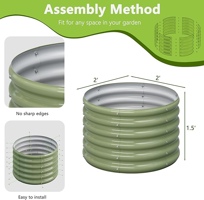 2PCS 2x2x1.5FT Galvanized Raised Garden Bed Kit,Vegetable Boxes-Round Metal Flower Box,Large Planter Raised Beds Outdoor Garden for Planting,Fruit,Herb-Green