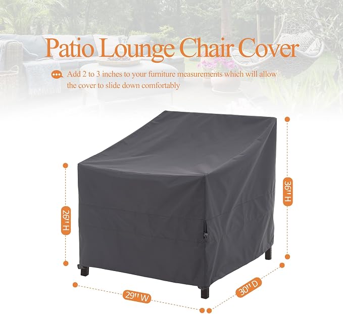 WJ-X3 Patio Chair Cover, Outdoor Lounge Cover, Heavy Duty, Waterproof Lawn Chair Covers, 29W x 30D x 36H, Gray, 2-Pack