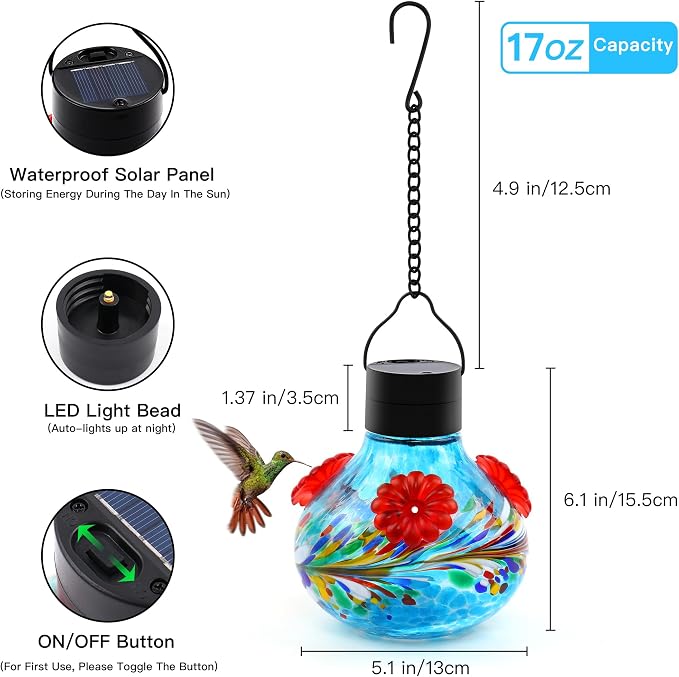 SAVENNA Hand Blown Glass Solar Hummingbird Feeder with Soft Night Light,17oz Leak-Proof Decorative Feeder for Outdoor Garden Patio Yard – Blue Phoenix Swirl