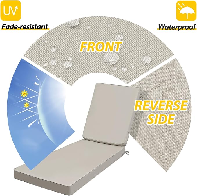 AAAAAcessories Outdoor Chaise Lounge Cushions, Fade-Resistant, Waterproof Patio Furniture Replacement Cushions, 78" x 25" x 3", Set of 2, Khaki Beige