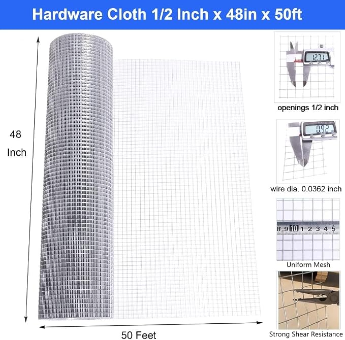 Hardware Cloth 1/2 In 48 X 50 ft Hot Dip Galvanized Rust Resistant Welded Wire Mesh,19AWG Square Chicken Wire Fence Garden Plants Fencing,Chicken Coop Rabbit Poultry Critters Metal Cage Roll