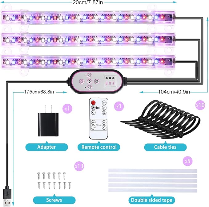 Hywyimlait 7.8'' LED Grow Light Strips, Grow Lamps for Indoor Plants Full Spectrum, Plant Light with 4/8/12H Timer, 10 Dimmable Levels for Seedling Succulent,Best Match for Plant Shelf, 3 Head