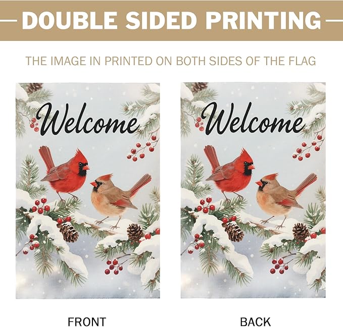Winter Cardinal Garden Flag 12x18 Inch Snow Scene Bird Welcome Christmas Holiday Seasonal Decorative Yard Flags for Outside Double Sided Outdoor Home Farmhouse Decoration Porch New Year Decor