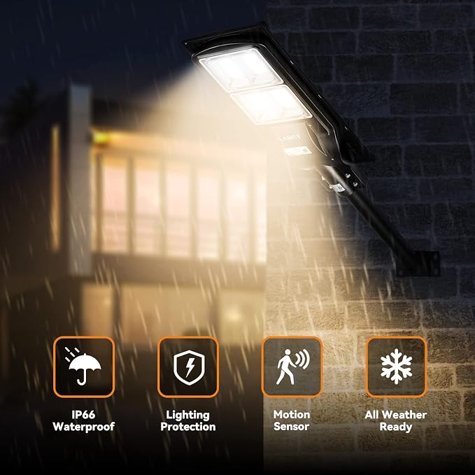 LANGY 3000k Warm White Solar Street Lights Outdoor,Commercial Parking Lot Lights Yellow 180 LEDs Chips Light with Motion Sensor & Dusk to Dawn IP67 with Remote Control for Barn, Yard, Pathway