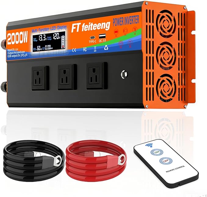 2000W Power Inverter 12v DC to 110v 120v AC with Remote 3 AC Outlets, USB Port, Dual Smart Fans, Cables Included LCD Display for Vehicle for RV Truck Camping & Home Emergency Use
