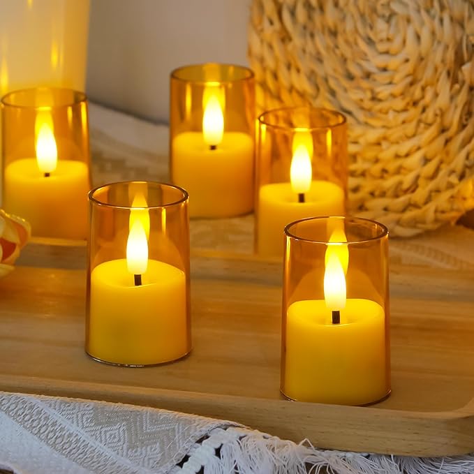 Flameless Small Tea Light LED Candles, Acrylic Battery Operated Votive 1.7" x2.5" with Remote Control and Timer, Tealight Amber Flickering Warm Light Pack of 8 Electric Long Lasting