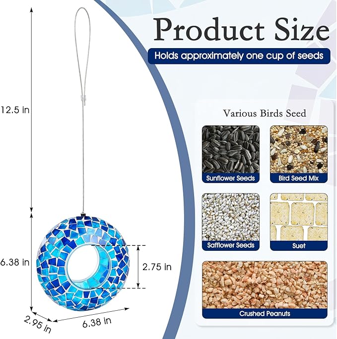 6 Inch Mosaic Glass Hanging Bird Feeder for Outdoors，Fly Through Bird Feeders for Wild Birds, Cute Seed Container with Round Shape for Backyard Window Garden Porch Decor, Ocean Blue Mosaic