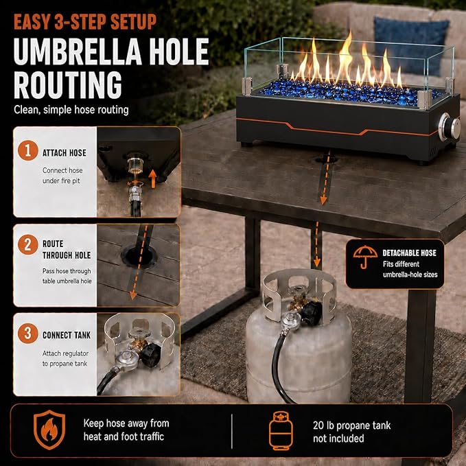 GRISUN Tabletop Fire Pit,20 Inch Propane Fire Pit Table,40000 BTU Table Top Firepit with Glass Wind Guard,Stainless Steel Burner,Fire Glass,Portable Propane fire Pit for Patio, Camping, Backyard & RV