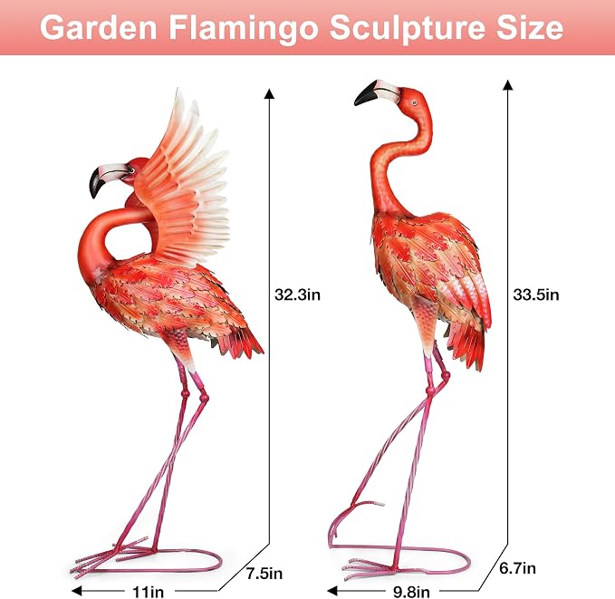 Garden Statues Large Metal Flamingo Sculptures, Set of 2 Red | Outdoor Metal Statue Yard Art for Garden Decor, Realistic Birds Art, Standing Lifelike, Water&Rust-Proof