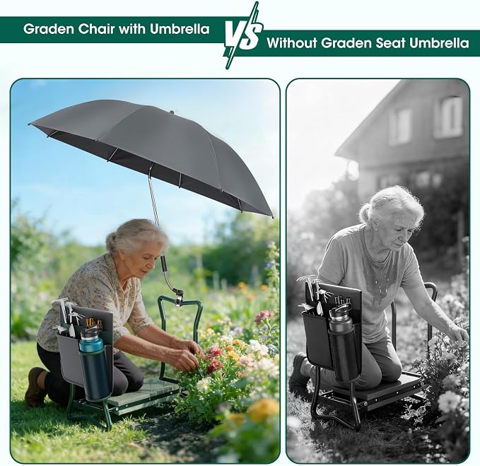 OAOA innovation 2-in-1 Garden Kneeler with Umbrella, Kneeling Bench & Grey Umbrella, Portable Stool 330lb Capacity, Garden Tools Bag with Bottle Holder, Gardening Gift for Men Women Seniors