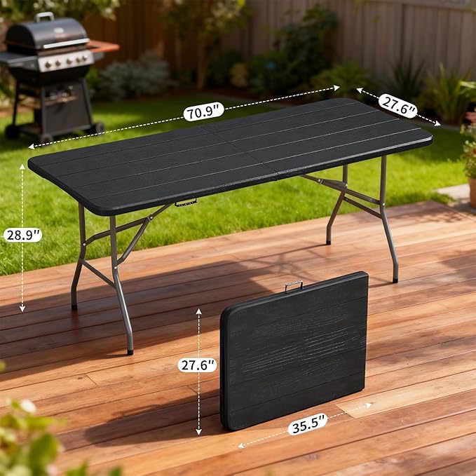 BestOffice 6 FT Picnic Table, Portable Plastic Folding Table with Carrying Handle Perfect for Picnics, Parties, Party and Camping, Black Wood Grain