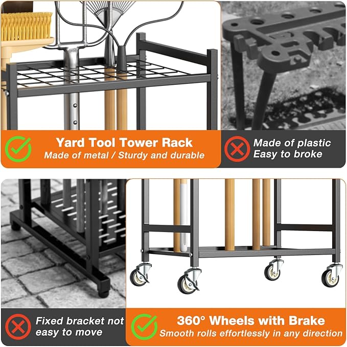 Garden Tool Organizer with Wheels, Heavy-Duty Yard Tool Rack with 3 Side Hooks, Holds Up to 40 Long-Handled Tools, Metal Garage Tool Storage for Lawn & Outdoor Organization