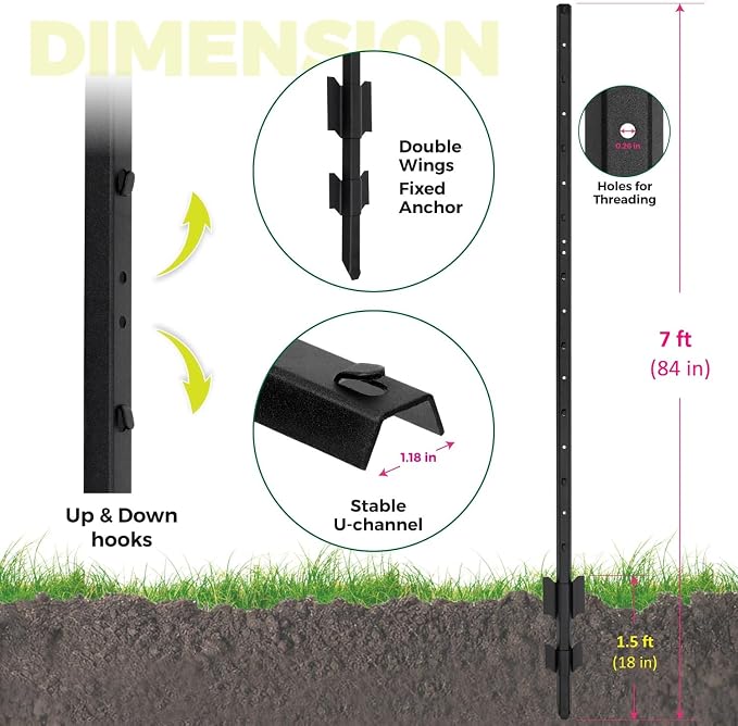 Fence Posts 7 Feet, Heavy Duty Metal Fence Post with U-Channel, Steel Fence U Post for Wire Fencing Steel Post for Yard, Outdoor Wire (Black - Set 8)