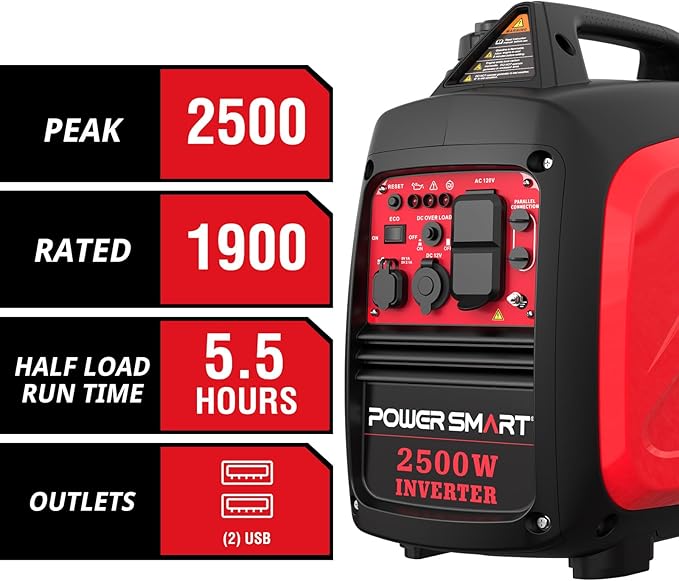 PowerSmart 2500 Watt Portable Inverter Generator, 79.8cc Gas Powered Engine with 5.5H Long Runtime, Ultra Quiet Small Generator for Camping, RV, Home Power Outage and Outdoor Emergency (HB5020)