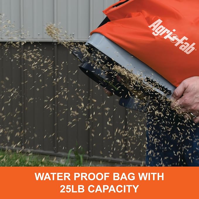 Agri-Fab Handheld Bag Seeder Spreader, 25 lb Capacity with Waterproof Zipper Bag, Adjustable Shoulder Strap & Rear Baffle, Orange