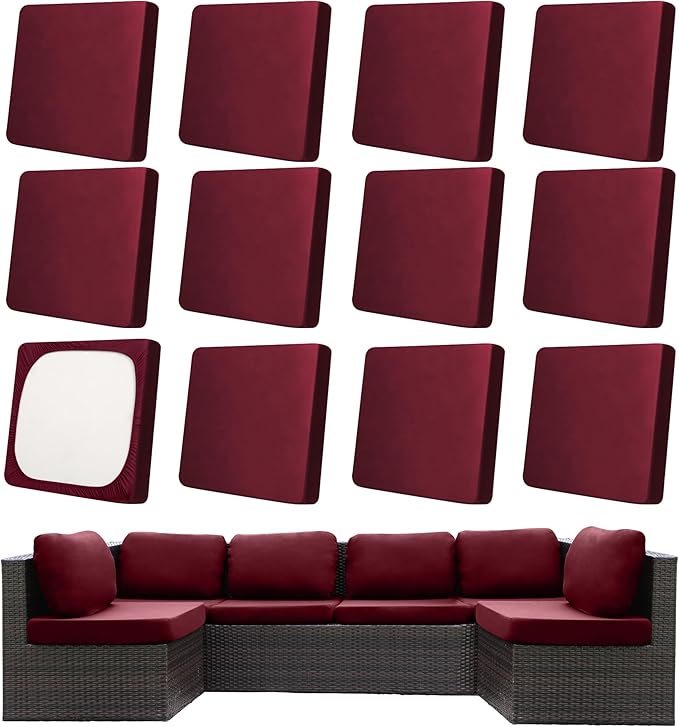 12Pcs Patio Cushion Covers,Outdoor Cushions Covers,Stretch Cushion Covers Replacement, Washable and Reusable Furniture Protectors(Wine Red)