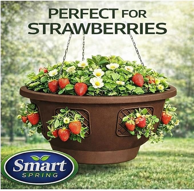 Hanging Planter Basket 20 Pack Bulk, Easy Fill Strawberry Planter, Outdoor Hanging Basket with Side Planting Panels, Durable UV Resistant Planters, Made in USA (20, Mocha)