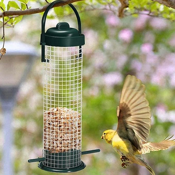 Metal Mesh Tube Bird Feeders for Outdoors Hanging, Squirrel Proof Wild Bird Feeders, Finch Bird Feeder for Thistle Seed, for Outside Cardinals Finches Blue Jays (2 Pack Green)