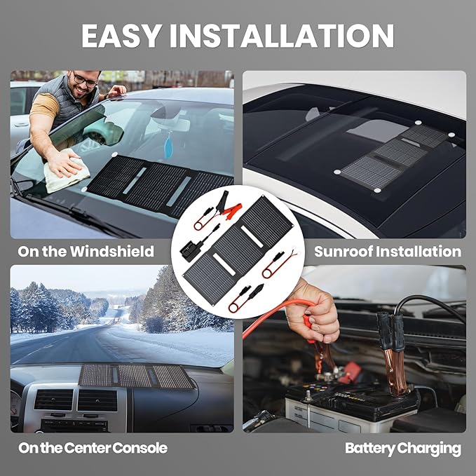 FlexSolar 28W 12V Portable Solar Panel Battery Charger Maintainer Kits Trickle Charger with Built-in Charge Controller, Cig Plug, Alligator Clips, O-Rings OBDII Connector for Car, Truck,Tractor, Boat