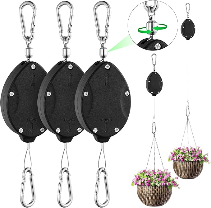 Heavy Duty Retractable Plant Hangers, Adjustable Pull-Down Pulleys with 63" Stainless Steel Rope, Double Hooks for Hanging Plants, Bird Feeders, Planters & Pots, Indoor & Outdoor Use (3Pcs- Black)