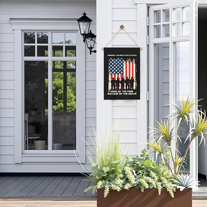 Memorial Day Patriotic House Flag Honoring Fallen Soldiers Home Of The Free Because Of The Brave Outdoor Yard USA Flags Honor And Brave Garden Banner Lawn Porch Patriotic Decor 28 x 40 Inch