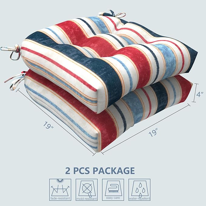 LVTXIII Outdoor/Indoor Tufted Seat Cushion, Decorative Wicker Chair Pads All Weather Seat Cushion Sets for Patio Garden Home Office Furniture, 19"x19"x4", Round Back, Pack of 2, Stripe Red Blue