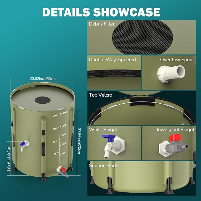 SKM Collapsible Rain Barrel, 53 Gallon Portable Rain Water Collection System to Collect Rainwater from Gutter, Foldable Water Storage Tank with Spigot for Garden, Lawn & Outdoor Plant Watering, Green