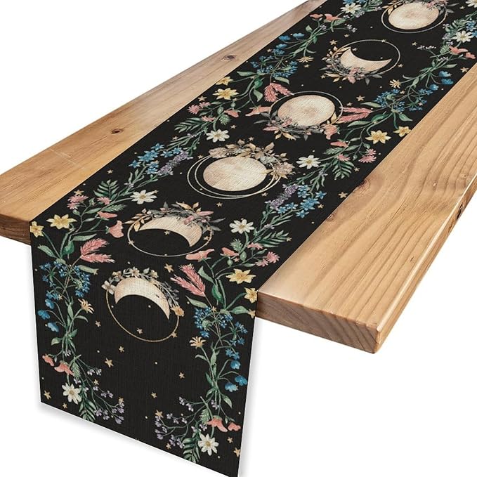 Boho Floral Table Runner, Spring Gothic Wild Flower Moon Phase Seasonal Bohemian Black Rustic Coffee Table Center Decor for Family Holiday Party Kitchen Outdoor Farmhouse Table Decorations, 13"x36"