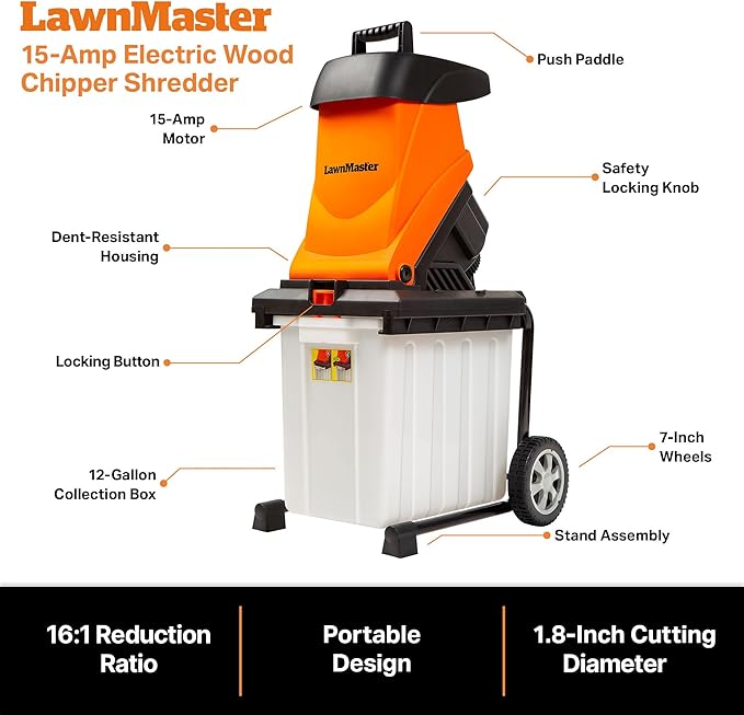 LawnMaster Wood Chipper, 15 Amp Electric Wood Chipper Shredder with Collection Bin, 1.8-Inch Cutting Diameter Max 16:1 Reduction-FD1504