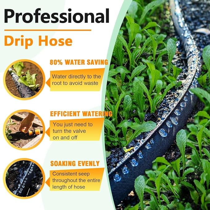 LAVEVE Heavy Duty Flat Garden Soaker Hose 200FT, Flexible Water Hose Irrigation Tubing, Leakproof Drip Hose Watering for Garden, Lawn, Flower Bed, Vegetable (50FT x 4Pack)