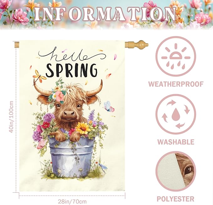 Hello Spring Garden Flag Large Highland Cow Polyester House Banner Double Sided Vertical Farmhouse Butterfly Floral Yard Flags Rustic Daisy Banner for Seasonal Outdoor Decor 28 x 40 Inch