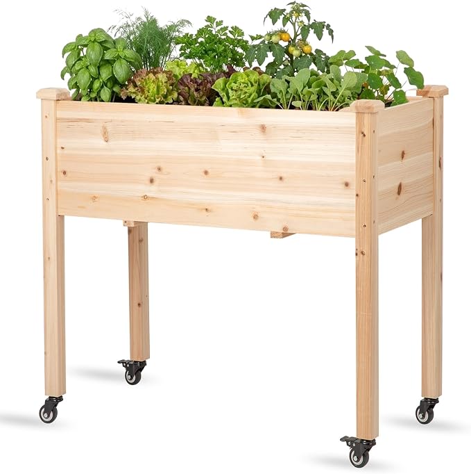 Raised Garden Bed with Lockable Wheels, 32x16x32 inch Elevated Wood Planter with Protective Liner for Vegetable Flower Herb Outdoor Balcony Patio Backyard, Natural