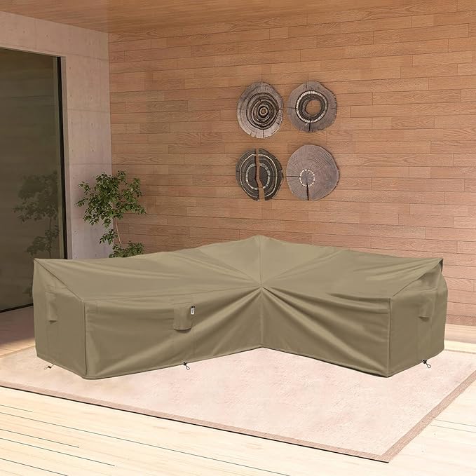 Heavy Duty Outdoor Sectional Cover, 104"X83" Waterproof 600D Patio Sectional Couch Protector, L-Shaped Lawn Patio Furniture Covers, Right Facing-Desert Khaki