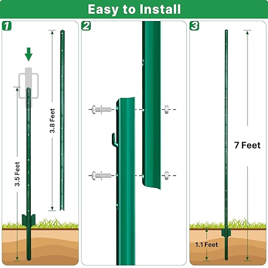 ARIFARO Metal Fence Posts 7 Feet assemblable,Pack of 10,Sturdy Duty No Digging Garden U Post for Wire Fencing Steel Poles for Yard, Outdoor