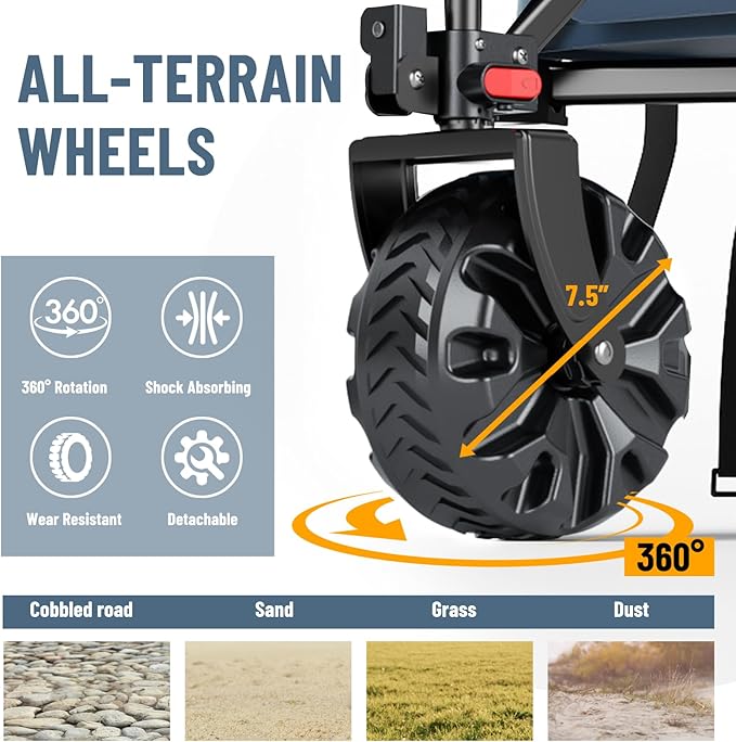 Timber Ridge Foldable Wagon 350L Extendable Height, Large Capasity Collapsible Wagon Cart with All Terrians Detachable Wheels, Compact Folding Utility Wagon for Camping, Fishing, Shopping Navy