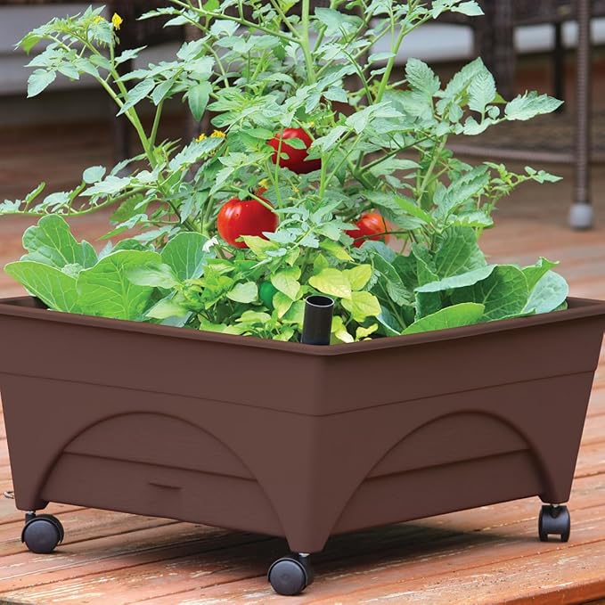 Emsco Group 2345 City Raised Bed Grow Box – Self Watering and Improved Aeration – Mobile Unit with Casters Picker, Earth Brown