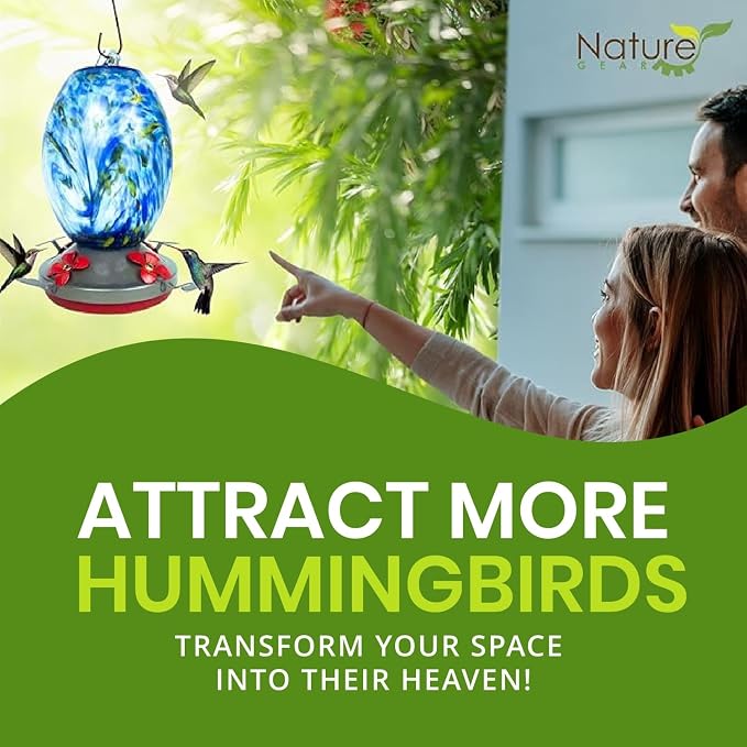 Nature Gear Glass Hummingbird Feeder for Outdoors, Hanging Bird Feeder with Ant Moat, Hand-Blown Glass Garden Feeder, Easy Clean Wide Mouth, Rust Resistant, 38 oz, Sky Blue