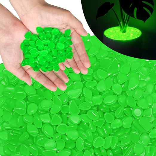 PoYang 2000pcs Glow in The Dark Rocks Outdoor - Green Resin Glowing Pebbles for Landscaping, Garden, Fish Tank and Aquarium Indoor Decor, Powered by Sunlight or Lamplight (0.4"-0.7"/pc, 2.4lbs/Bag)