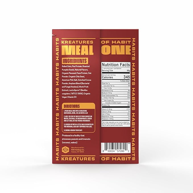 Kreatures of Habit MEAL ONE | Overnight & Instant Superfood Protein Meal Replacement | Gluten Free, Dairy Free, 30g of Plant Based Protein, With No Added Sugar | Maple Caramel | Pack of 7