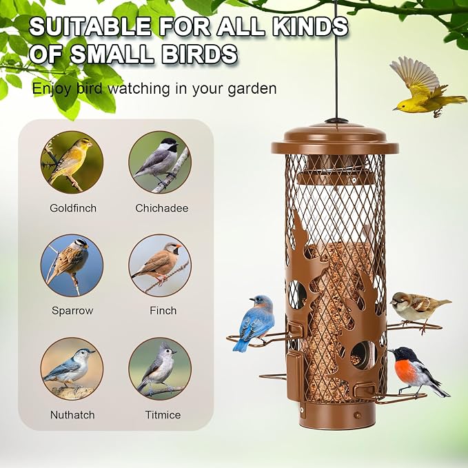 Gbekery Metal Bird Feeders Squirrel Proof for Outdoors Hanging, Brown | Metal Wild Bird Feeders for Small Birds with Weight Activated Perches, Weatherproof and Durable, Perfect for Backyard Garden