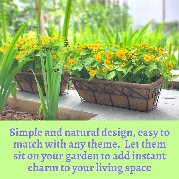 LaLaGreen Bundle (2 Pack, 16 Inch White + 2 Pack, 16 Inch Black) Window Flower Boxes Basket Outdoor, Deck Railing Hanging with Coco Liners, Metal Horse Troughs Modern Garden Balcony Fence Patio Porch