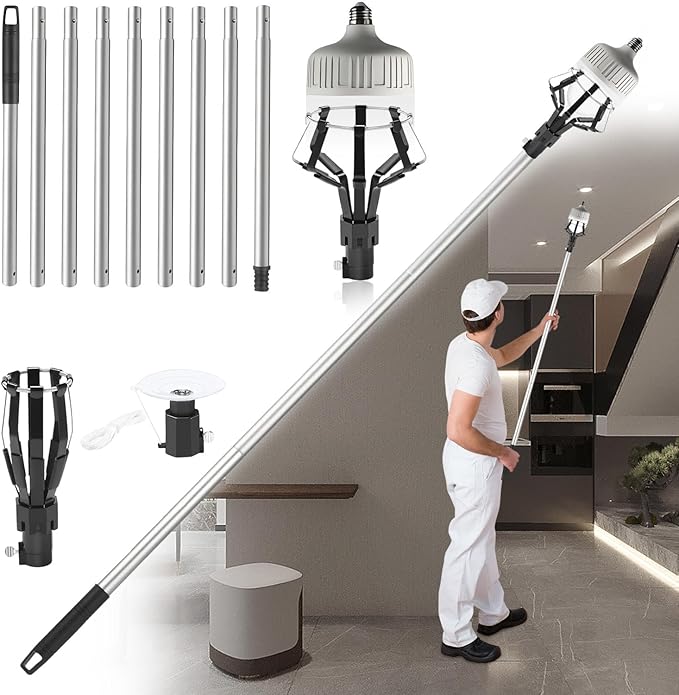 Upgraded 12FT Light Bulb Changer for High Ceilings, High Reach Light Bulb Removal Tool with Baskets and Suction Cup and Pole Extension for Recessed Lights and Standard Bulbs