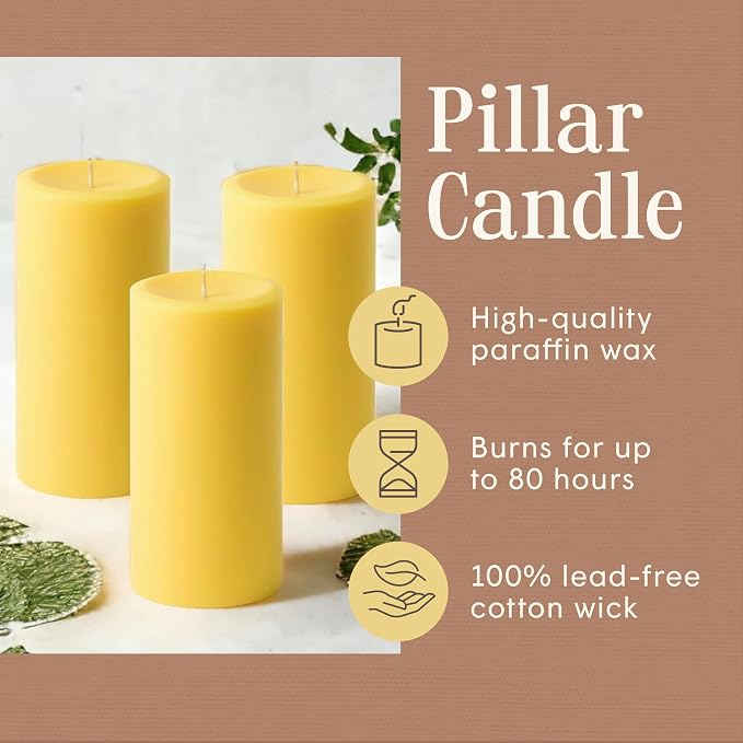 Mister Candle Citronella Candles, Ideal for Outdoor & Indoor Use, 3" x 6" Yellow Pillar Candles Set of 3, Hand Poured, Premium Wax & Dripless, 60 Hour Burn Time